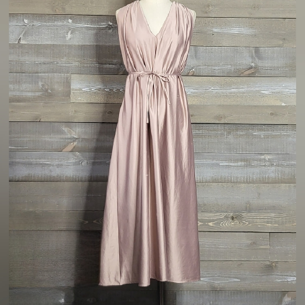 Zara Satin Slip Waist Tie Midi Dusty Rose Racerback Dress
